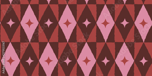 Vector Seamless Christmas pattern with hand-drawn holiday elements, geometric shapes, stars and festive ornaments in a retro color palette, design template for wrapping paper, branding, greeting cards