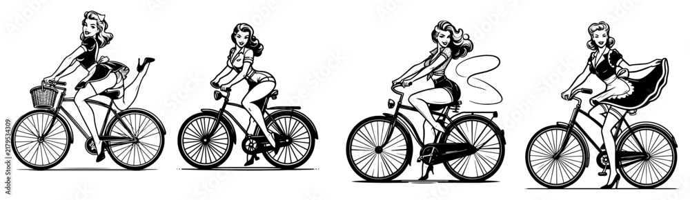 Fototapeta premium Retro pin up girls on bicycles collection, vintage woman riding bike character set, black and white line art vector illustration for summer lifestyle