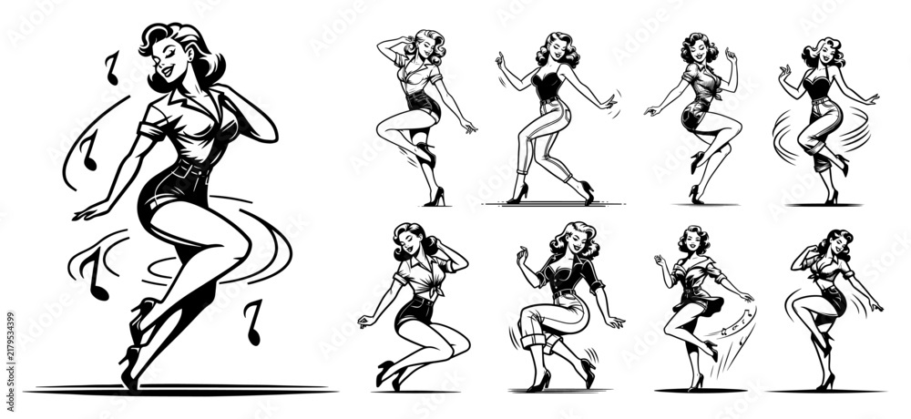 Fototapeta premium Mega bundle of dancing vintage pin up girls, retro woman character set with musical notes and dynamic poses, black and white line art vector illustration