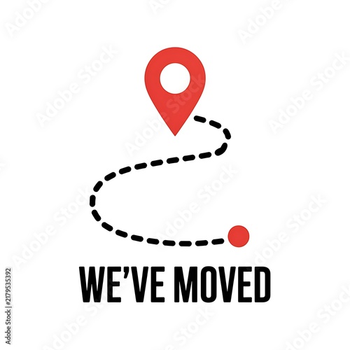 We have moved sign with red location pin and dotted path