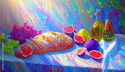 Bread, grapes, figs, and oil set on a colorful table in a sunny outdoor setting