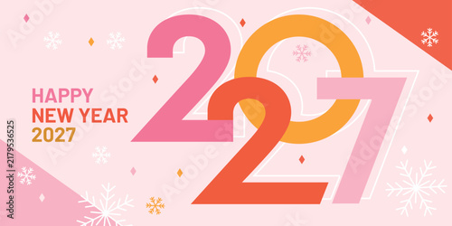 Colorful vector illustration for Happy New Year 2027 celebration. Large overlapping 2027 numbers with bright pink, orange, red and yellow geometric shapes, decorative snowflakes and festive winter ele