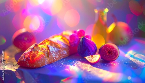 Bright colors surround bread and fruit arranged on a table during a casual setup for a meal