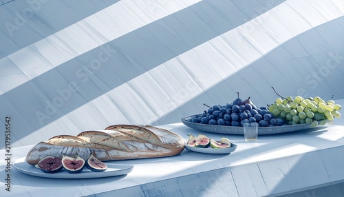 Fresh bread and fruits displayed on a table with sunlight casting shadows from above