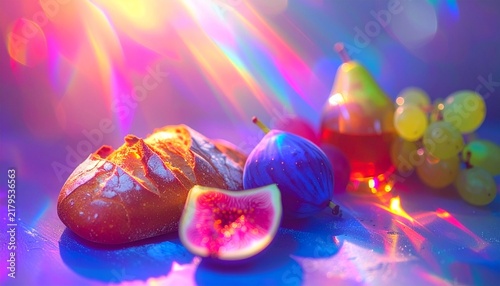 Colorful arrangement of bread and fruits with reflections and light effects