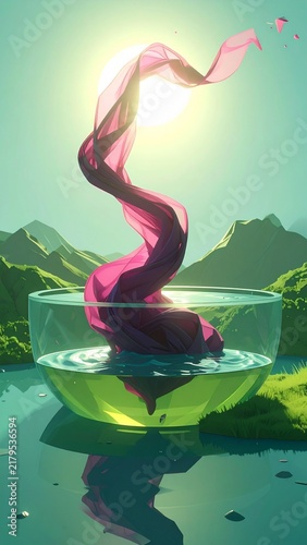 Artistic representation of a colorful ribbon floating in a bowl near a lake with mountains under a bright sun