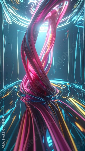 Colorful twisting shapes in a glass container with bright lights at a close-up angle
