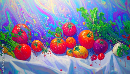 Fresh vegetables and fruits arranged on a colorful background at a market or kitchen setting