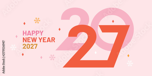 Minimal vector illustration for Happy New Year 2027 featuring large overlapping typography, bold geometric numbers and small festive decorative elements. Soft pink background with red, pink, orange an