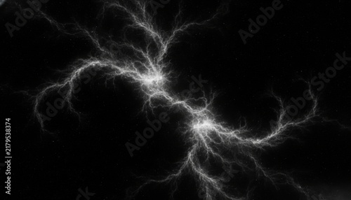 Abstract white electrical discharge and lightning bolts on black background, concept of raw energy and neural connectivity