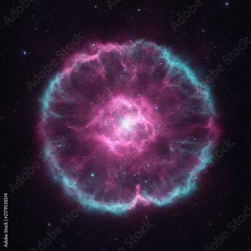 Glowing Pink and Blue Supernova Nebula in Deep Space with Bright Core and Star Field, concept of cosmic creation and energy