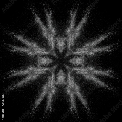 Abstract Symmetrical White Powder Explosion in Mandala Shape on Black Background