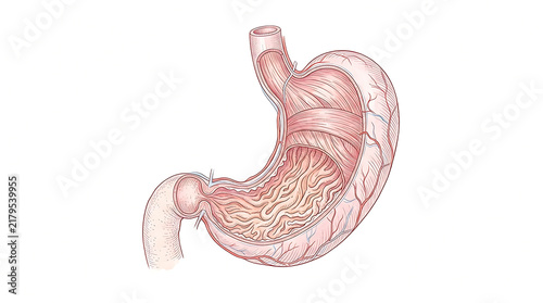 Detailed medical illustration of human stomach anatomy highlighting internal structure and surrounding tissues for educational