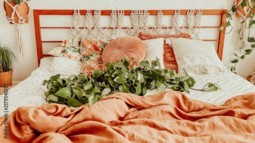 Boho bedroom interior with macrame headboard, terracotta linen, and houseplants