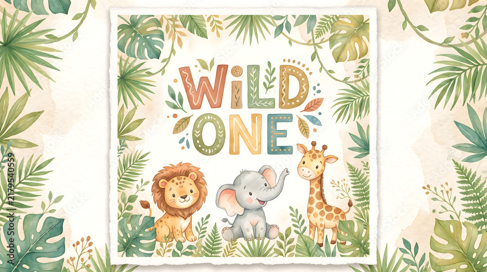 Fototapeta premium Wild One birthday celebration card featuring cute watercolor safari animals like a lion elephant and giraffe surrounded by lush tropical green jungle leaves and foliage