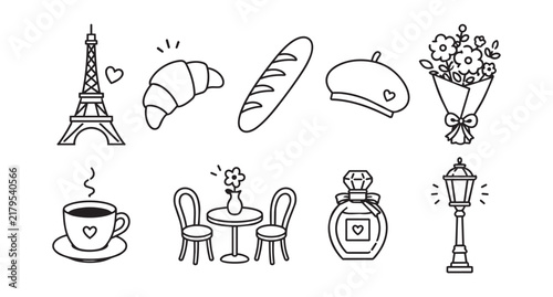 Hand drawn doodle Paris icon set with tower, croissant, baguette, beret, bouquet, coffee cup, bistro table, chairs, perfume bottle, lamp, street charm, outline style