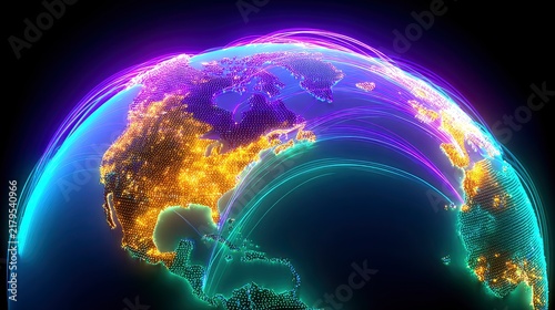 Global network connections and social media interactions shown as light beams across planet Earth