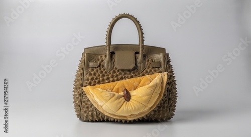 Unique durian fruit shaped handbag with textured spiky surface on a neutral background.