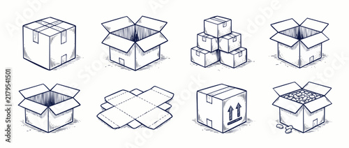 Cardboard box vector sketch set showing open, closed, and stacked packages for logistics, delivery, packaging, and moving service design icons isolated on white background web graphics element.