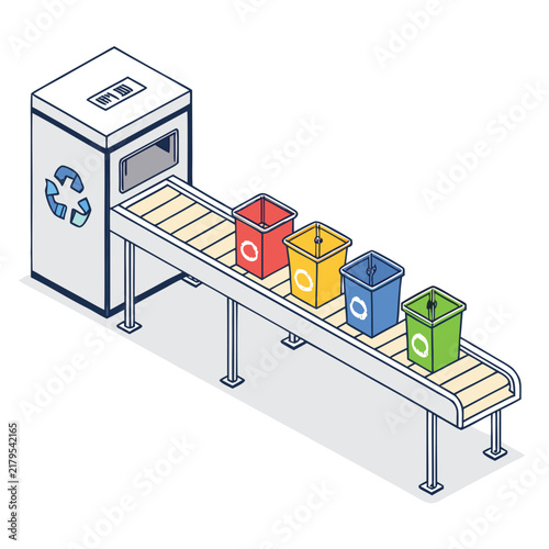 automated waste sorting machine conveyor system industrial recycling flat vector