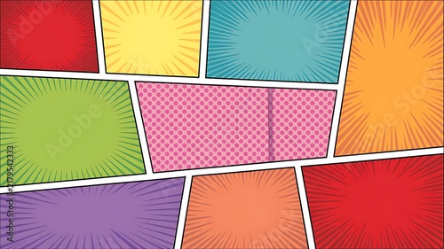 Colorful comic book page template with empty panels