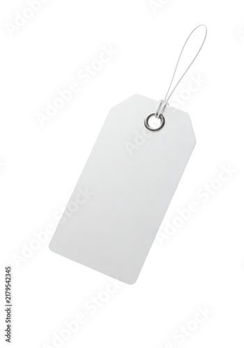 Fotografía Blank white retail price tag with string and metal eyelet, isolated on a transparent background for product labeling and design mockups