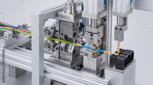 Automated wire crimping machine attaching metal terminals to electrical cables