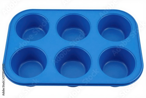Blue silicone muffin tray with six cups for home baking and kitchen.