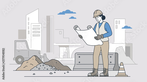 Construction worker holding blueprints at urban building site with equipment