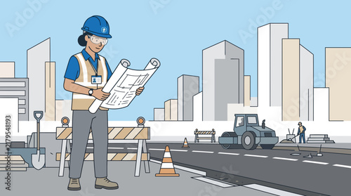 Construction worker inspecting blueprints on a city roadwork site