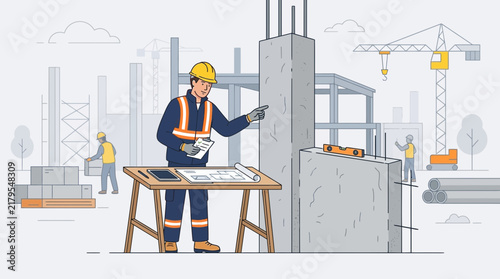 Construction Worker Reviewing Blueprints on Site