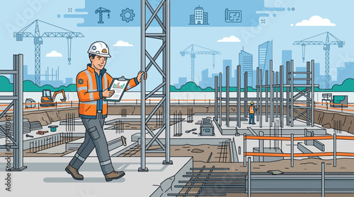 Construction worker with clipboard inspecting building site with cranes