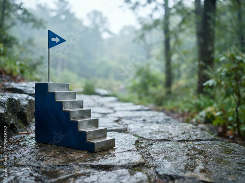Miniature concrete staircase with a blue arrow flag on a wet mossy stone