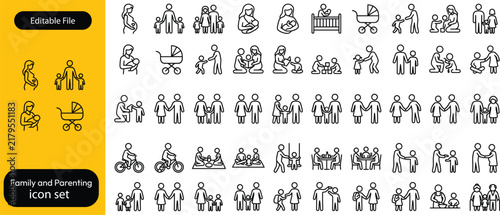 Family and Parenting, Icon Set. Parents with children, family bonding, pregnant, playing with kids, reading together, spending time at home. Family life, childcare. Line with editable stroke