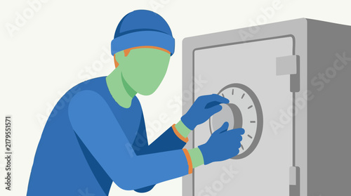 Photography Burglar in blue beanie and gloves attempting to crack a safe combination