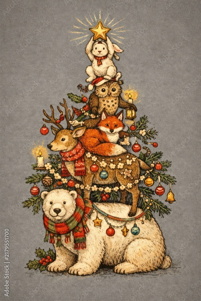Obraz premium Woodland animals decorating a festive Christmas tree.