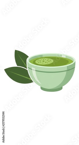 Fresh Green Tea Cup with Floating Leaf Illustration.