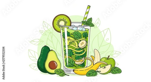 Fresh Green Smoothie with Kiwi and Avocado Illustration.