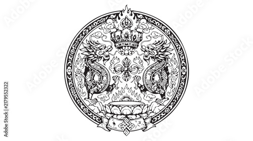 Intricate circular emblem featuring symmetrical line art and mythical motifs in a monochrome mandala design.