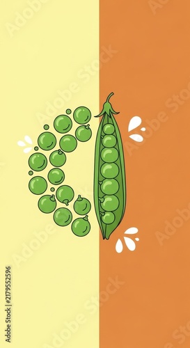 Fresh Green Peas Pod and Seeds on Split Background.