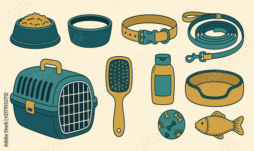 Dog Care, Grooming and Travel Accessories Flat Vector Icon Set