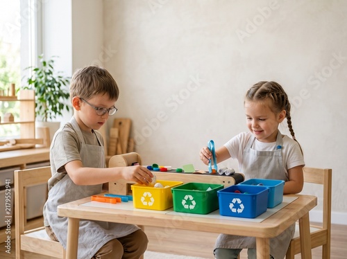 Children sorting waste into colorful recycling bins at a table.