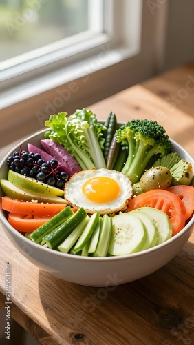 Fresh vegetable bowl with fried egg and greens on a sunny wooden table by the window