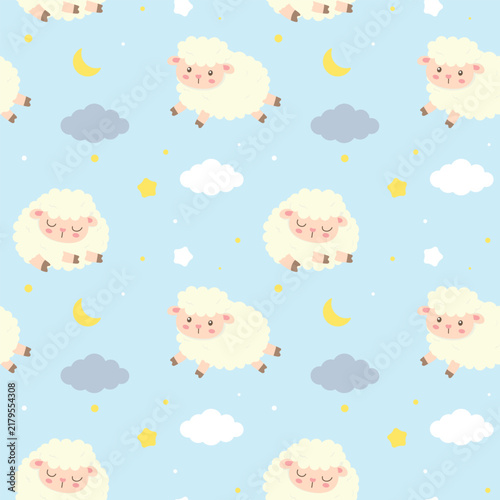Cute sheep seamless pattern with moons, clouds, and stars on a pastel blue background.