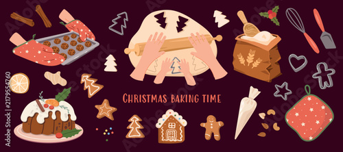 Christmas baking time set with gingerbread cookies, rolling dough, flour bag, pudding, oven mitts, and utensils on dark background. Holiday vector collection.