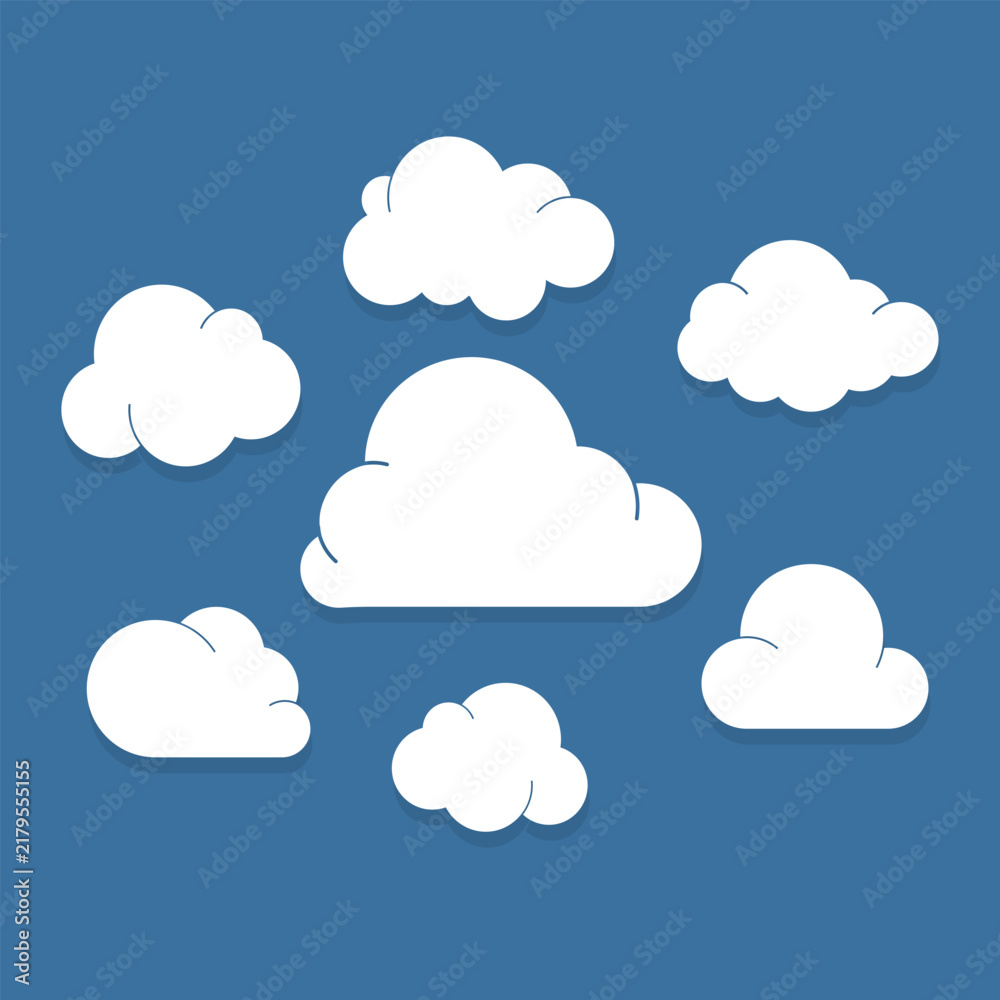 Fototapeta premium Bundle isolated vector illustration of white cloud icon set on blue background representing weather forecast overcast sky and atmospheric elements