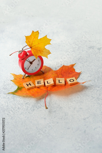 Cuadro en lienzo alarm clock, word hello made of wooden letters and fallen maple leaves close up on abstract light grey background