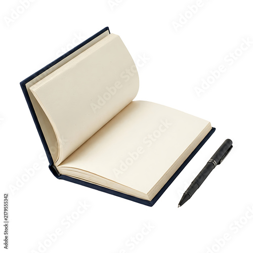 An open black notebook with blank pages and a matching black pen isolated on a white background