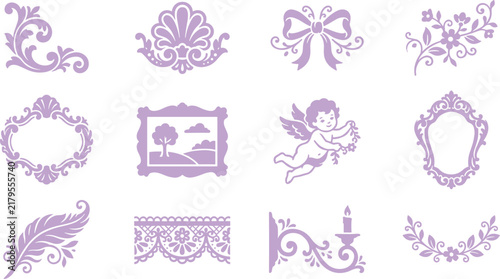 Collection of pastel purple decorative elements like frames cherubs bows and feathers.
