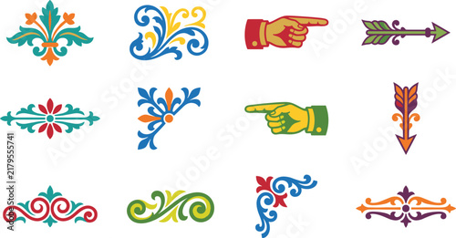colorful classic scrollwork and pointing hand arrows decorative elements for attention-grabbing designs.